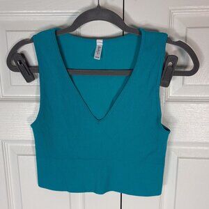 Alexander Jane Teal Ribbed V-Neck Crop Tank Top 1X/2X — Plus Size Stretch